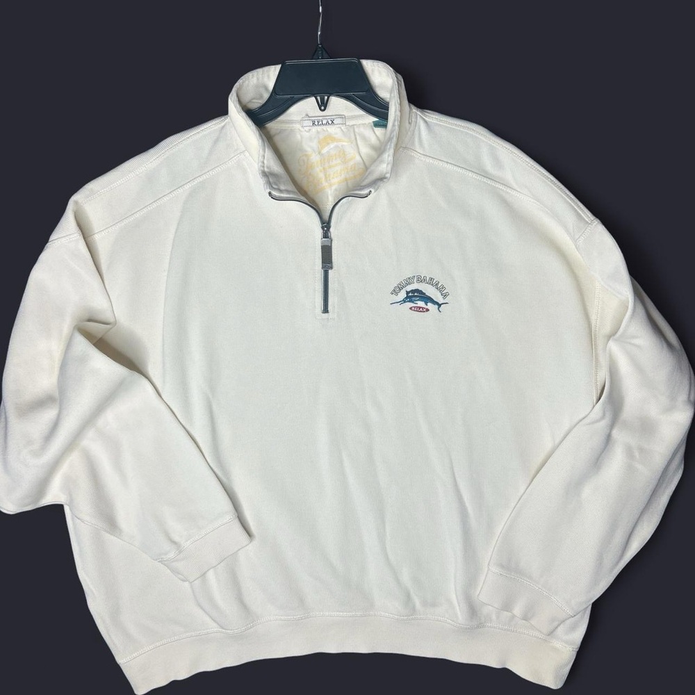 Tommy Bahama “Relax” Cream 1/4 Zip Pullover Sweatshirt fisherman golf Tobago bay